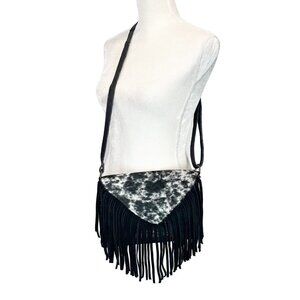 Artisan Embossed Tooled Fringe Cowhide Leather Crossbody Bag Black white Boho